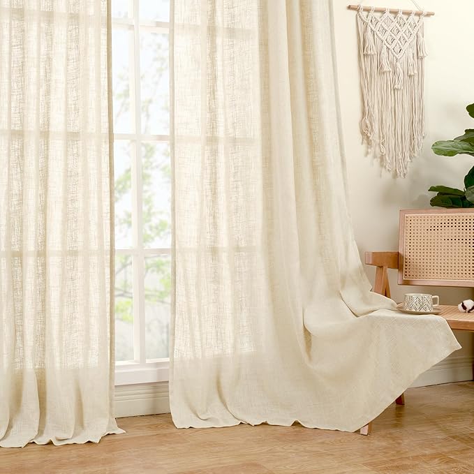 LAMIT Living Room Linen Curtains 95 Inch for Bedroom, Back Tab and Rod Pocket Linen Textured Sheer Curtains Light Filtering Boho Drapes for Canopy/Nursery, 2 Panels, 52 x 95 Inch, Beige