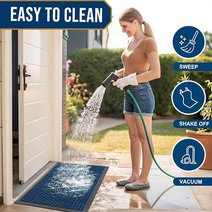 Smiry Front Door Mat Outside Entrance, Heavy Duty Sturdy Natural Rubber Doormat, Trap Dirt and Moisture, Easy Clean Low Profile Mats for Indoor Outdoor Entry, Irregular Triangle (29.5x17, Medium Blue)