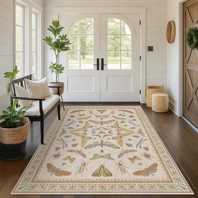 Hazo Haus Washable Neutral Area Rug Living Room, 5x8 Washable Rugs for Bedroom Under Bed, Nursery Room, Boho Vintage Insect Butterfly Non-Slip Low Pile Stain Resistant - Beige/Yellow