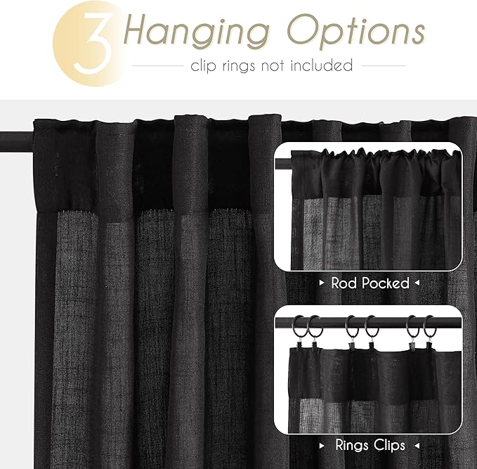 Black Linen Curtains 72 inches Long for Bedroom Back Tab Light Filtering Privacy Semi Sheer Black Curtains Living Room Boho Rustic Farmhouse Cotton Textured Gauze Curtain 2 Panel Set