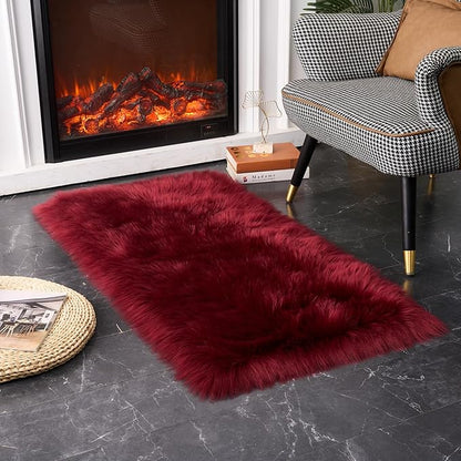 EasyJoy Ultra Soft Fluffy Shaggy Area Rug Faux Fur Rug Chair Cover Seat Pad Fuzzy Area Rug for Bedroom Floor Sofa Living Room (2 x 4 ft Rectangle, Burgundy)