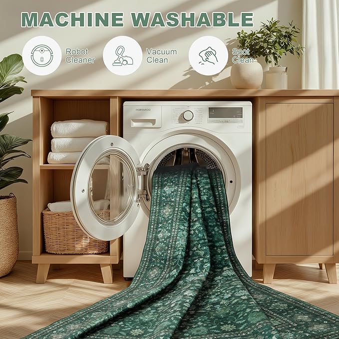 Hallway Runner Rug Non Slip - Washable 2.6x8 Kitchen Rugs for Living Room, Low-Pile Soft Bedroom Rug Indoor Floor Stain Resistant Carpets for Entryway, Laundry, Bathroom Deep Green