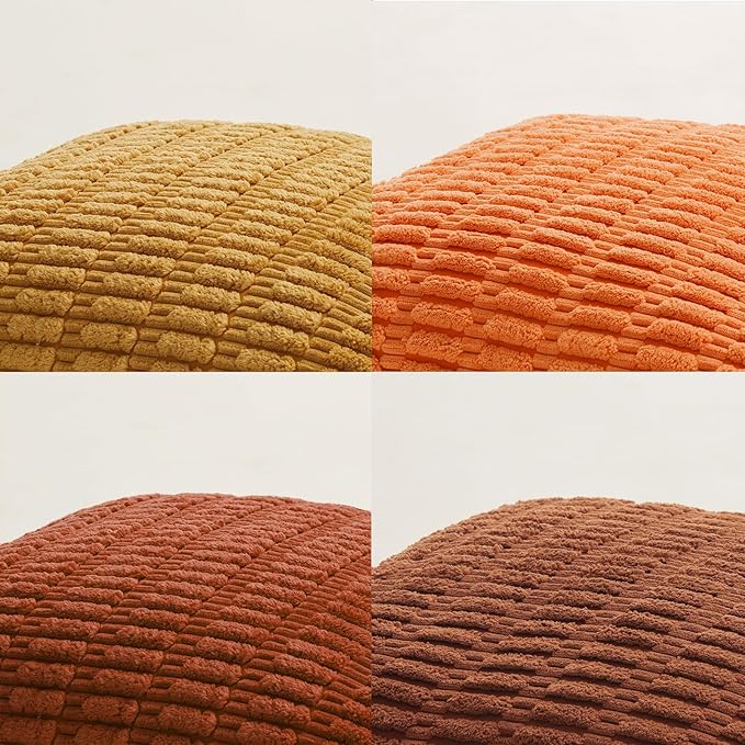 Fancy Homi Set of 4 Burnt Orange Fall Decorative Throw Pillow Covers 14x14 Inch for Couch Bed Chair, Modern Farmhouse Boho Room Decor, Soft Fuzzy Corduroy Textured Striped Cushion Case 35cm