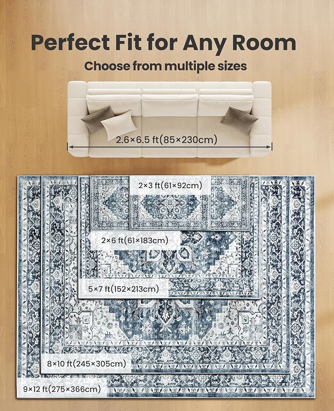 AMADA HOMEFURNISHING 5x7 Area Rugs, Washable Living Room Rug Low-Profile with Non-Slip Backing & Durable Edge Binding, Vintage 5x7 Rugs for Living Room, Bedroom, Dinning Room