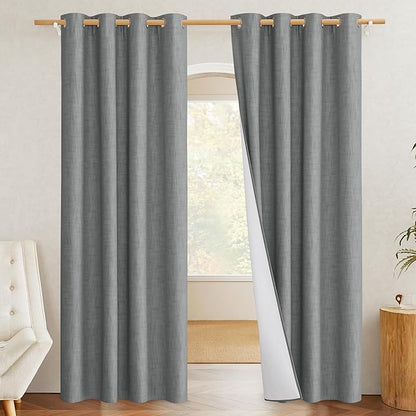 NICETOWN 100% Absolutely Blackout Linen Curtains with Thermal Insulated White Liner, Dove Grey, 52" W x 63" L, Set of 2, Burlap Textured Textured Linen Look Privacy Window Treatment for Kitchen