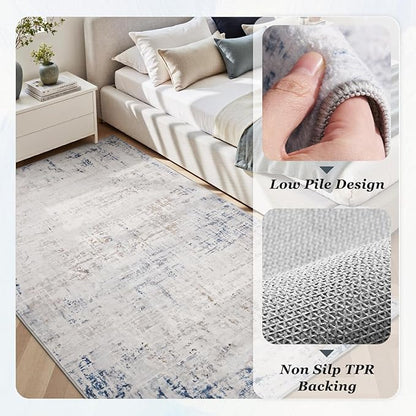 4 x 6 Area Rugs for Living Room, Machine Washable Non Slip Rug Ultra Soft Low Pile Indoor Carpet Modern Abstract Rugs for Bedroom Office Room Dining Room Beside, Blue/Grey