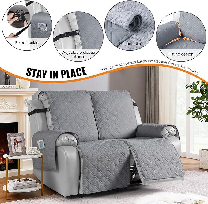 VANSOFY Waterproof Recliner Couch Covers, Sofa Covers 1-Piece Washable Reclining Sofa Cover Non-Slip Furniture Protector with Elastic Straps Pocket for Dogs, Pets(Light Gray,2 Seater)