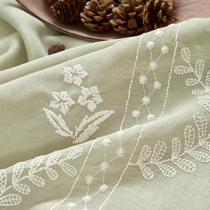 jinchan Belrose Sage Green Floral Sheer Curtains for Living Room 96 Inch Long Voile Embroidered Farmhouse Curtains for Bedroom Ivory Flower Patterned Rod Pocket Window Treatments, 2 Panels Green