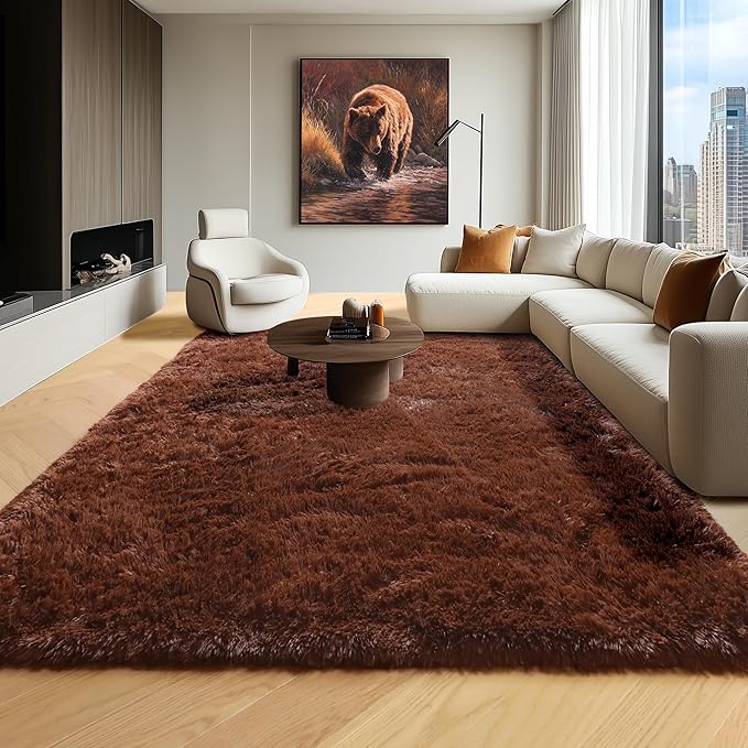 ONASAR Brown 8x10 Area Rugs for Living Room, Large Fluffy Shag Bedroom Rug, Soft Plush Thick Shaggy Big Floor Carpet for Kids Boy and Girls Teen Dorm Nursery Indoor Home Decor Aesthetic