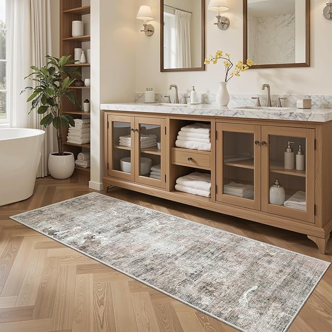 Runner Rug 2x6 Washable Non-Slip Kitchen Runner Rugs for Bathroom Laundry Room Pink/Grey Vintage Floor Carpet Runners for Hallway Entryway