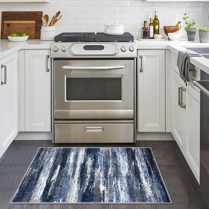 Lansny Modern Abstract Entryway Rug Indoor 2x3 Washable Rug Non-Slip Soft Small Area Rug Navy Blue Kitchen Mats Thin Print Faux Wool Floor Carpet Throw Rugs for Entrance Bedroom