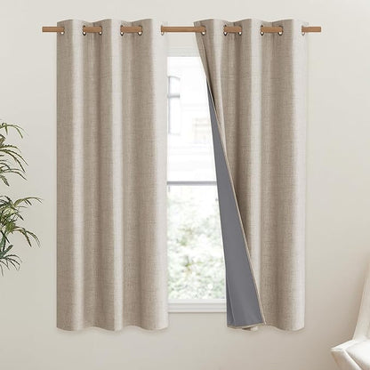 NICETOWN Oatmeal Vintage Open Linen Weave Flax Thermal Curtains, 100% Blackout Curtains 54" Long for Dining Room, Soundproof Window Treatment Drapes for Kitchen, 42" Wide Per Panel, Set of 2