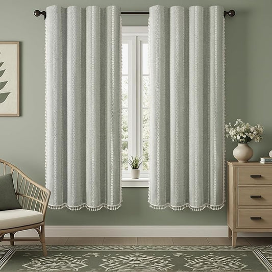 Boho Blackout Curtains 72 Inches Long Sage Green Linen Blend 2 Panels with Tassels and Cotton Embroidery, Farmhouse Vintage Rustic Rod Pocket Drapes for Living Room or Bedroom