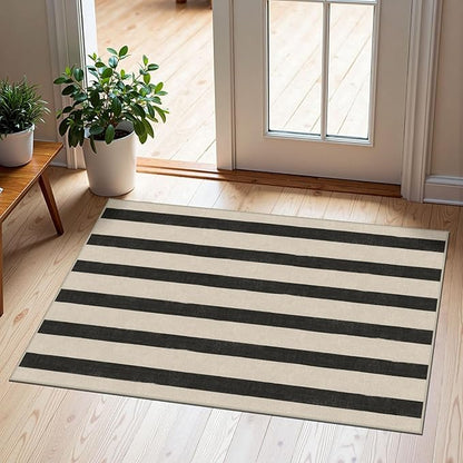 Black and White Striped Outdoor Rug - 2x3 Non-Slip Front Door Mat Outside Entrance Washable Doormat Indoor Outdoor Entry Rug Small Layered Rugs for Entryway Kitchen Front Porch Decor
