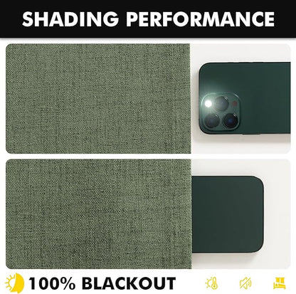 MIULEE 100% Blackout Linen Curtains for Bedroom, Olive Green Solid Luxury Decor Thermal Insulation Room Darkening Drapes for Living Room Nursery Back Tab Rod Pocket 42 x 63 Inches, 2 Panels