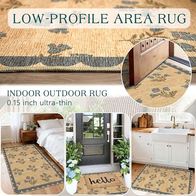 Floral Outdoor Rug - 28" x 43" Front Door Mat Indoor Outside Entrance Non-Slip Washable Outdoor Mat Jute-Look Blue Scalloped Rug for Entryway Kitchen Mudroom Layered Doormat for Front Porch