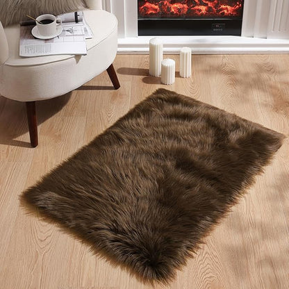 Ashler Faux Fur Rug - Fluffy Shaggy 2 x 3 Feet Rectangle Sheepskin Fur, Dark Coffee Fuzzy Machine Washable Shag, Nursery Decor Throw for Bedroom, Living Room