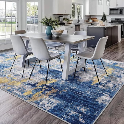 Washable Area Rugs Square 6ft Non-Slip Modern Abstract Soft for Living Room Entryway Bedroom Nursery, Print Pattern, Grey Blue Gold/Golden