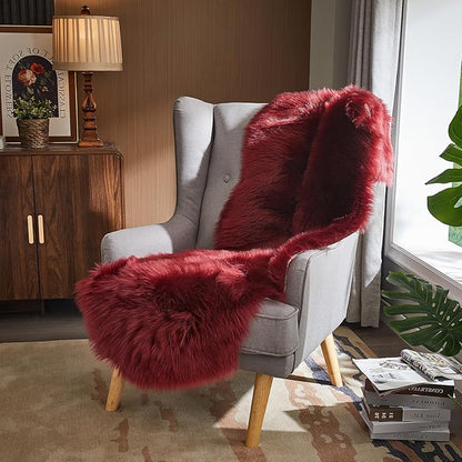 AMTOVO Faux Sheepskin Rug, Burgundy Ultra Soft Fluffy Shag Area Rug, 2 x 6 ft Faux Fur Rug for Bedroom Sofa Throw Cushion Room Decor, Sheepskin