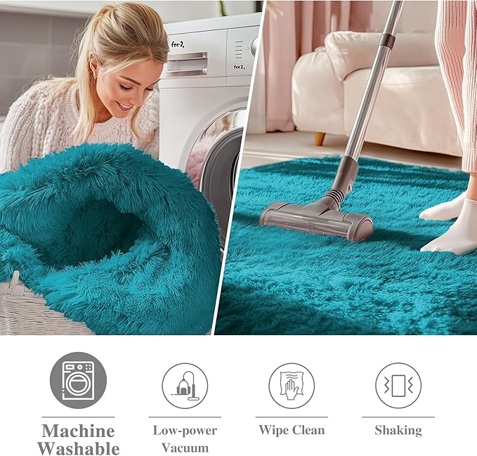 OLANLY Teal Round Rugs for Bedroom - Machine Washable, 7 ft Circle Area Rugs for Living Room, Soft and Fluffy Shaggy Carpet for Teen Girl and Boys, Nursery Rooms, Dorms, Home Decor Aesthetic