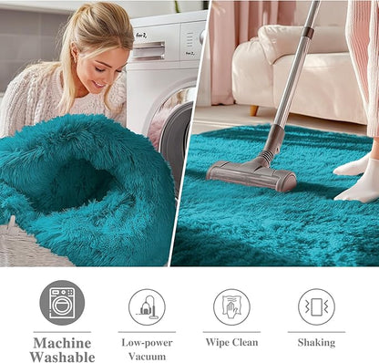 OLANLY Teal Round Rugs for Bedroom - Machine Washable, 3 ft Circle Area Rugs for Living Room, Soft and Fluffy Shaggy Carpet for Teen Girl and Boys, Nursery Rooms, Dorms, Home Decor Aesthetic