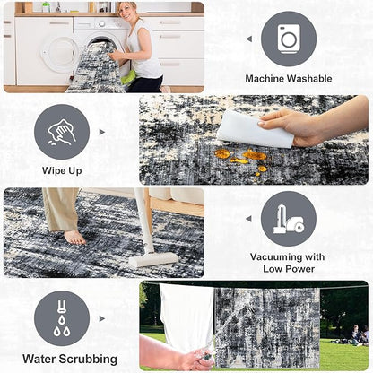 6x9 Area Rugs for Living Room - Washable Rug Modern Abstract Soft Large Neutral Non-Slip Carpet Indoor Floor Thin Carpets for Bedroom Dining Room Farmhouse Nursery Home Office Black Gold