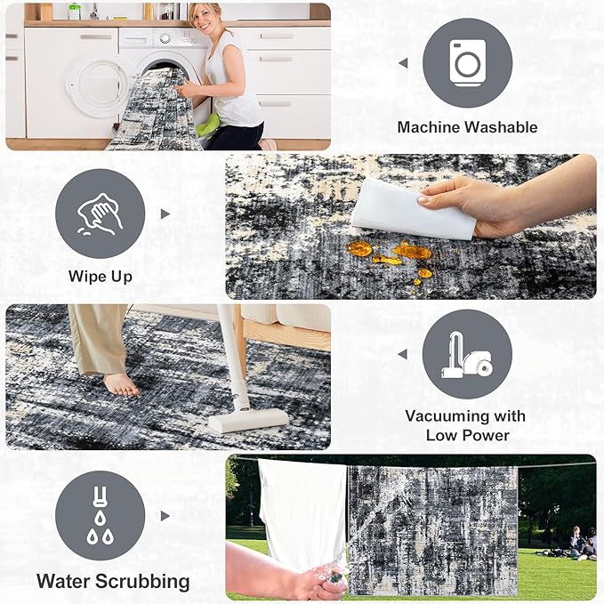 Area Rugs Living Room Rug - 4x6 Washable Modern Abstract Soft Neutral Non-Slip Carpet Large Indoor Floor Thin Carpets for Bedroom Dining Room Farmhouse Nursery Home Office Black Gold