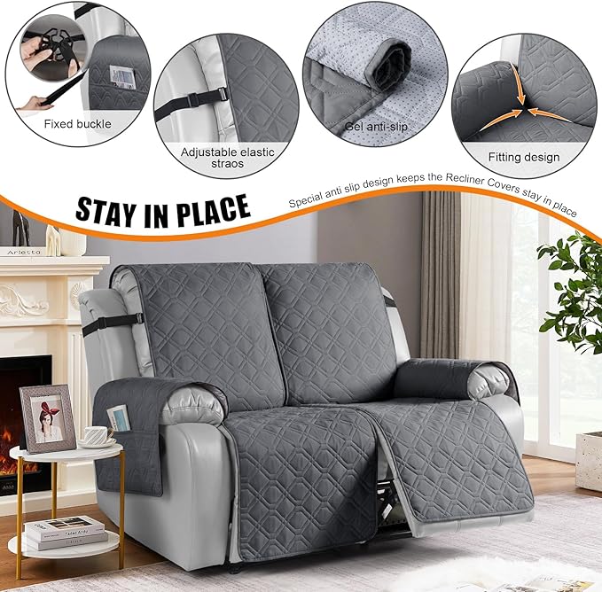 VANSOFY Waterproof Recliner Couch Covers, Sofa Covers 1-Piece Washable Reclining Sofa Cover Non-Slip Furniture Protector with Elastic Straps Pocket for Dogs, Pets(Dark Gray,Oversized 2 Seater)