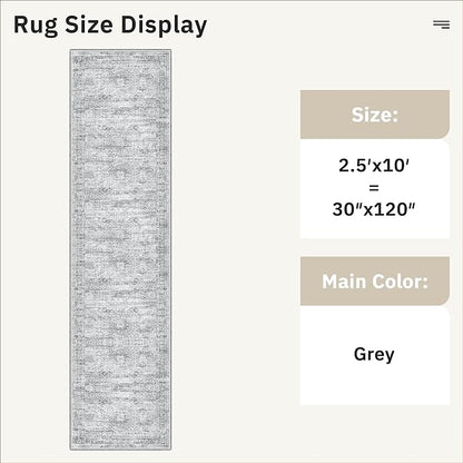 Runner Rug 2'6" x 10' Washable Non-Slip Runner Rugs for Kitchen Bathroom Laundry Room Vintage Ultra Thin Runners for Hallway Entryway Grey