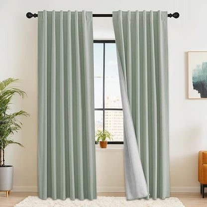 RYB HOME Light Green Curtains 100% Blackout, Linen Window Treatment Panels Thermal Insulated, Privacy Drapes for Living Room/Bedroom/Nursery, Rod Pocket & Back Tab, 2 Panels, W52xL84
