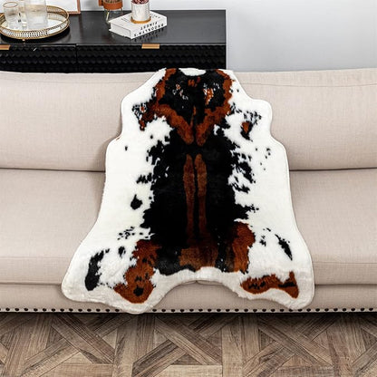 Faux Cowhide Rug Cow Print Area Rug Premium Faux Animal Skin Hide Rugs Tricolor Decor Carpet Non-Slip Small Cowhide Rugs Mat for Bedroom Living Room Office Kitchen 43.3X33.4Inches