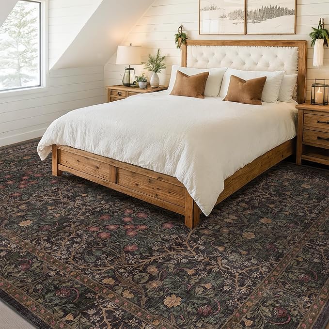Vintage Washable Dark Brown Rugs for Living Room, 8x10 Area Rugs for Dining Room Under Table, Bedroom, Black Brown Deep Olive Taupe Espresso Accent Floral Carpet Non-Slip, Low Pile Stain Resistant