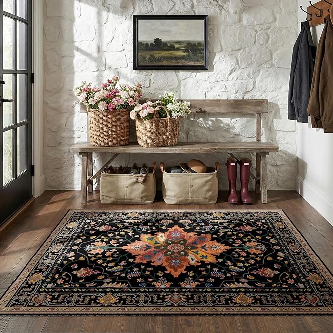 Area Rugs 4'x5' Washable Non-Slip, Floral Vintage Distress Print Pattern Medallion Carpet for Living Room Bedroom Dining Room, Black Colorful Floral Dark Tan