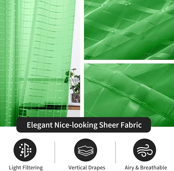 SpaceDresser Check Sheer Curtains 96 Inches 2 Panels Set, Rod Pocket Plaid Window Curtain for Living Room, Green Semi Sheer Drapes for Kitchen Bedroom Children Room Yard（Green, 52W x 96L）