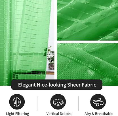 SpaceDresser Check Sheer Curtains 84 Inches 2 Panels Set, Rod Pocket Plaid Window Curtain for Living Room, Green Semi Sheer Drapes for Kitchen Bedroom Children Room Yard（Green, 52W x 84L）