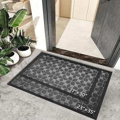 Bulijojo Sturdy Front Entrance Doormats,Durable Heavy Duty Welcome Mat,Thick Absorbent Natural Rubber Non Slip Mat,Easy Clean Entryway Mat 17"x30" Geometric Grey