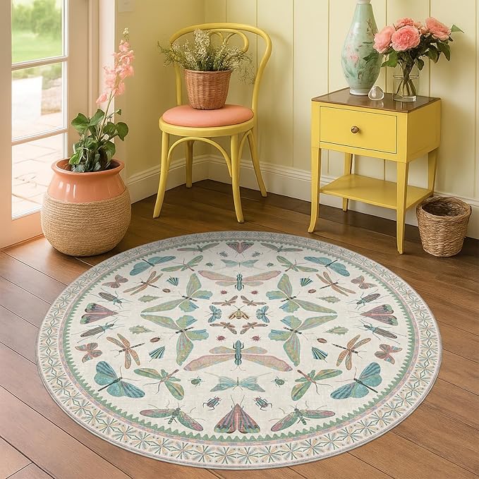 Cream Round Rugs 4ft for Living Room - Soft Washable Small Circle Throw Rugs for Kids Bedroom, Baby Nursery, Playroom, Reading Corner, Insect Stain Resistant Floor Carpet, Beige Green