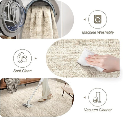 2x3 Washable Rugs for Kitchen, Floor, Entryway, Powder Room Small Area Rug Non-Slip Vintage Low Pile Throw Door Mat Beige