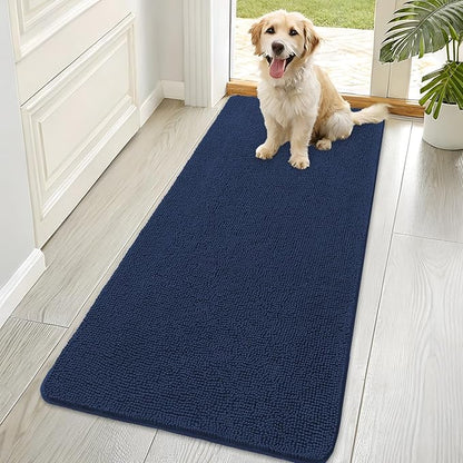 OLANLY Dog Door Mat for Muddy Paws 70x35, Absorbs Moisture and Dirt, Absorbent Non-Slip Washable Doormat, Quick Dry Chenille Mud Mat for Dogs, Entry Indoor Entryway Carpet for Inside Floor, Dark Blue