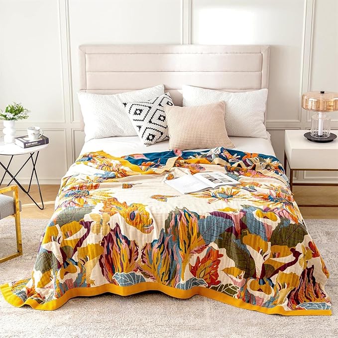 MSGKV Boho Throw Blanket Queen Size 90"x90" Cotton Blanket for Bed Spring Breathable Throw Blanket for Living Room Home Decorative
