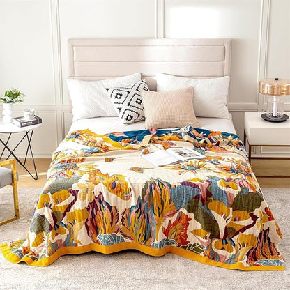 MSGKV Boho Throw Blanket Queen Size 90"x90" Cotton Blanket for Bed Spring Breathable Throw Blanket for Living Room Home Decorative
