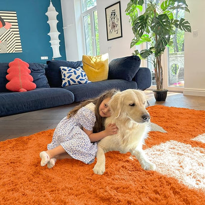 OLANLY 8x10 Machine Washable Large Area Rugs for Living Room, Bedroom, Soft Fluffy Shaggy Bedside Rug, Indoor Floor Carpet for Kids Girls and Boys, Dorms, Nursery, Home Decor Aesthetic, Orange