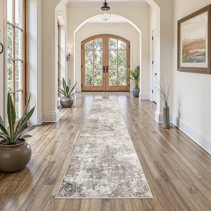 UERMEI 2X10 Washable Runner Rug for Hallway: Soft Neutral Modern Abstract Area Rug - Non-Slip Low Pile Long Throw Indoor Carpet for Kitchen Entryway Kitchen Bedroom Laundry - Brown Grey