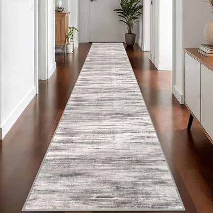 KOZYFLY Modern Abstract Washable Rug Runner 2.6x16 Hallway Rug Runner Non-Slip Soft Kitchen Runner Rugs, Grey/Light Beige/Brown Striped Carpet for Stair Entryway Bathroom