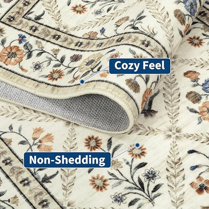 Floral Washable Entryway Rug Non-Slip 2x3 Front Door Mat Vintage Low-Pile Small Area Rugs Soft Non-Slip Indoor Stain Resistant Entry Mat for Entrance Bedroom Bathroom Beige