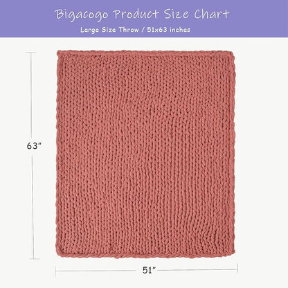 Bigacogo Chunky Knit Throw Blanket for Couch, 51x63 inches, 100% Hand Knitted with Thick Jumbo Chenille Yarn, Cozy Soft Large Rope Knot Cable Crochet Blankets for Sofa Bed Living Room, Antique Red