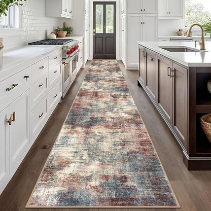 IOHOUZE Abstract Runner Rug 3x20 Ft Extra Long Washable Runners for Hallways, Non Slip Kitchen Runner Printed Faux Wool Entryway Runner Indoor, Modern Abstract Floor Carpet for Hall Stair, Red/Multi