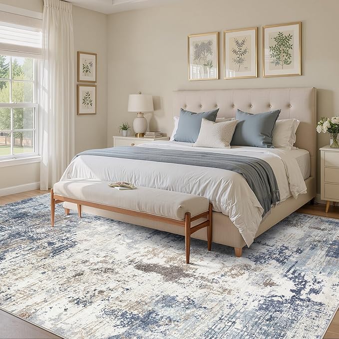 UERMEI 6x9 Area Rug Living Room Rugs Thickened - Washable Neutral Modern Abstract Soft Rug Indoor Floor No Slip Rug Carpet for Bedroom Under Dining Table Home Office Decor - Denim Blue