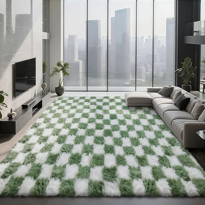 Area Rugs for Bedroom Living Room,8x10 Green and White Fluffy Soft Checkered Rug Fuzzy Shag Shaggy Carpet, Indoor Plush Floor Rugs for Kids Boys Girls Teen Dorm Nursery Home Decor