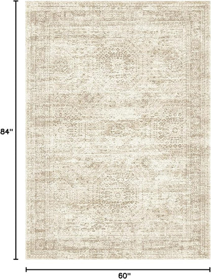 5x7 Area Rugs Beige Low Pile Indoor Washable Trendy Faded Style Rugs for Bedroom Living Room Dining Room Foldable Non-Slip Thin Print Home Office Mat